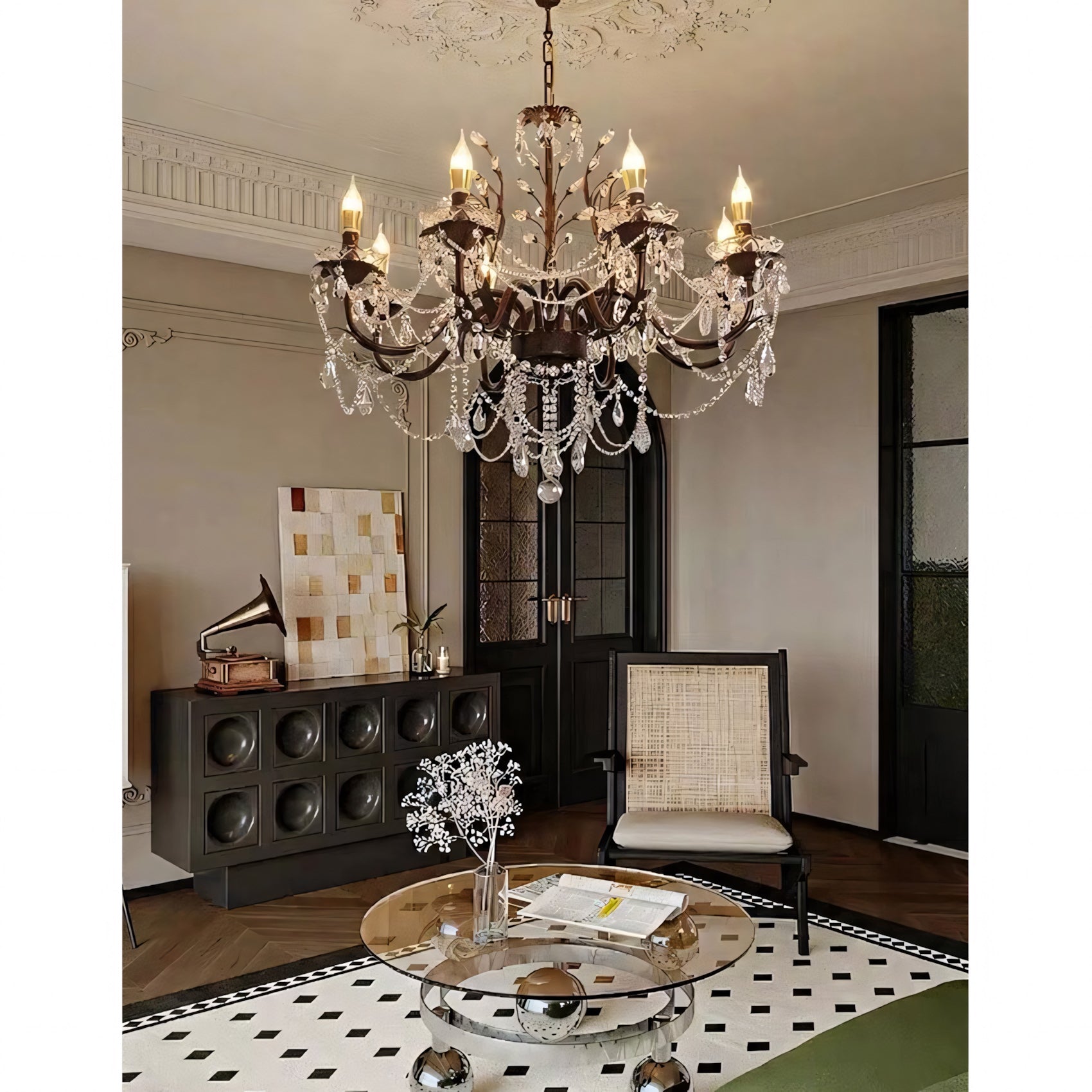 Side profile of the 10-head Ariae Crystal Chandelier.