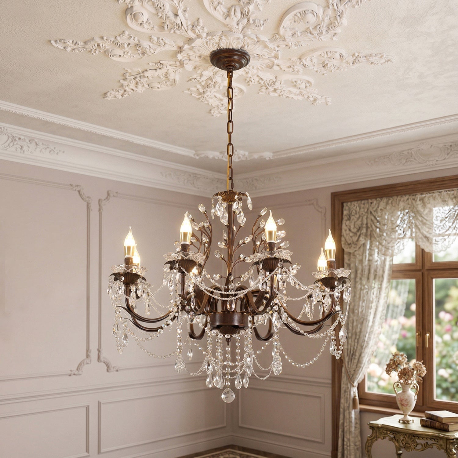 Close-up of the shimmering crystal bead chains and teardrop crystals on the Ariae Chandelier.