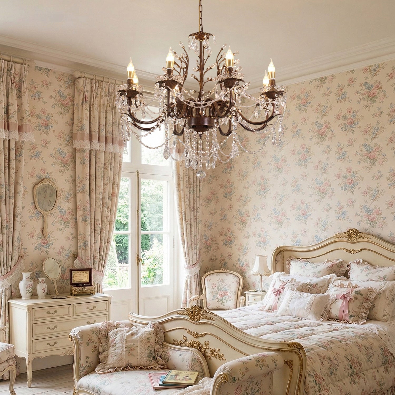 Ariae Chandelier displayed in a French country style living room setting.