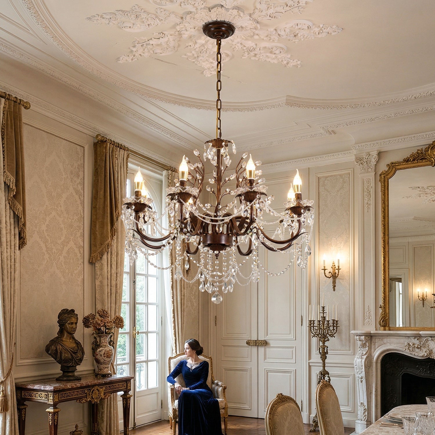 View of the chandelier from below, highlighting the arrangement of lights and crystals.