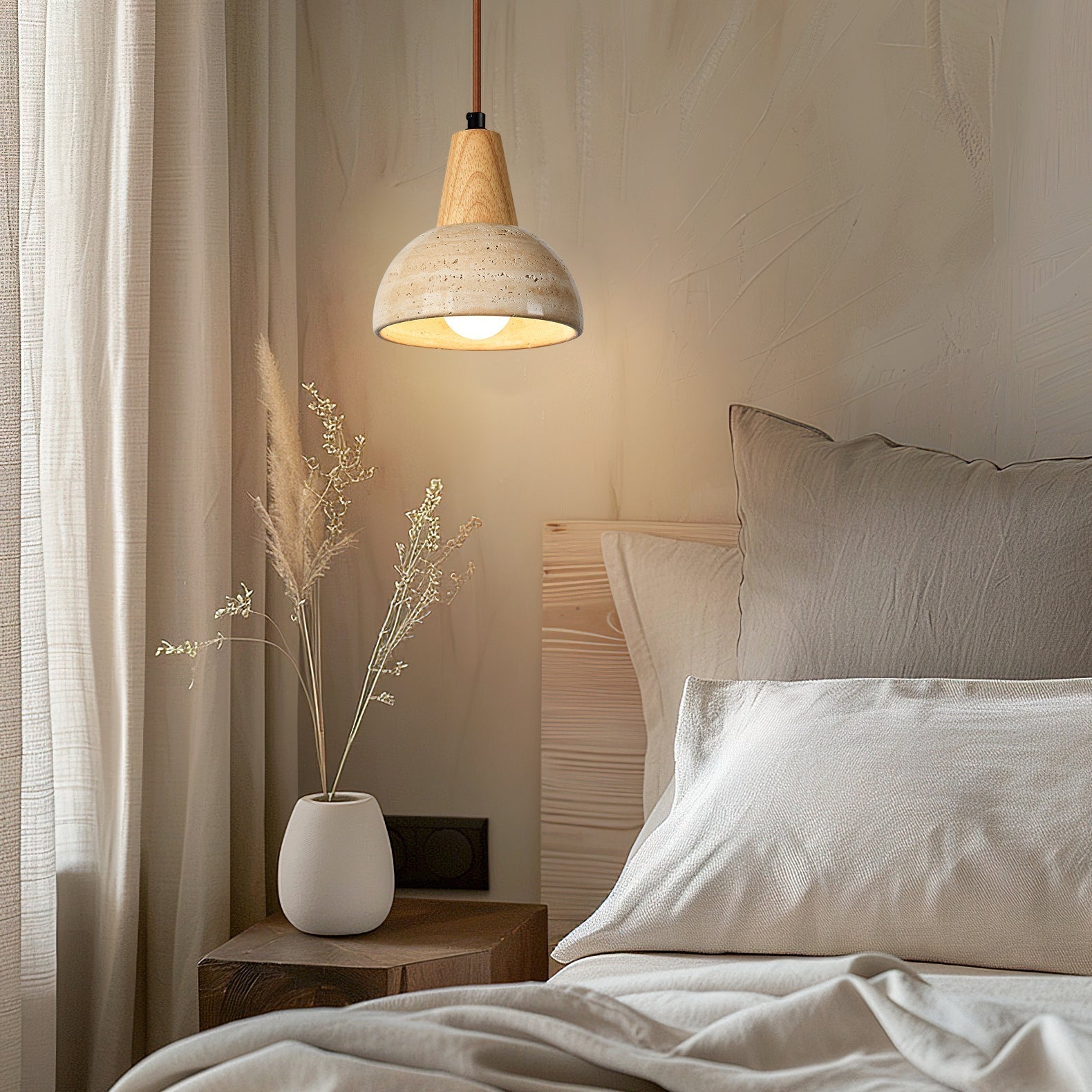 Close-up view of the natural texture and pattern of the Arluoe lamp's yellow travertine shade.