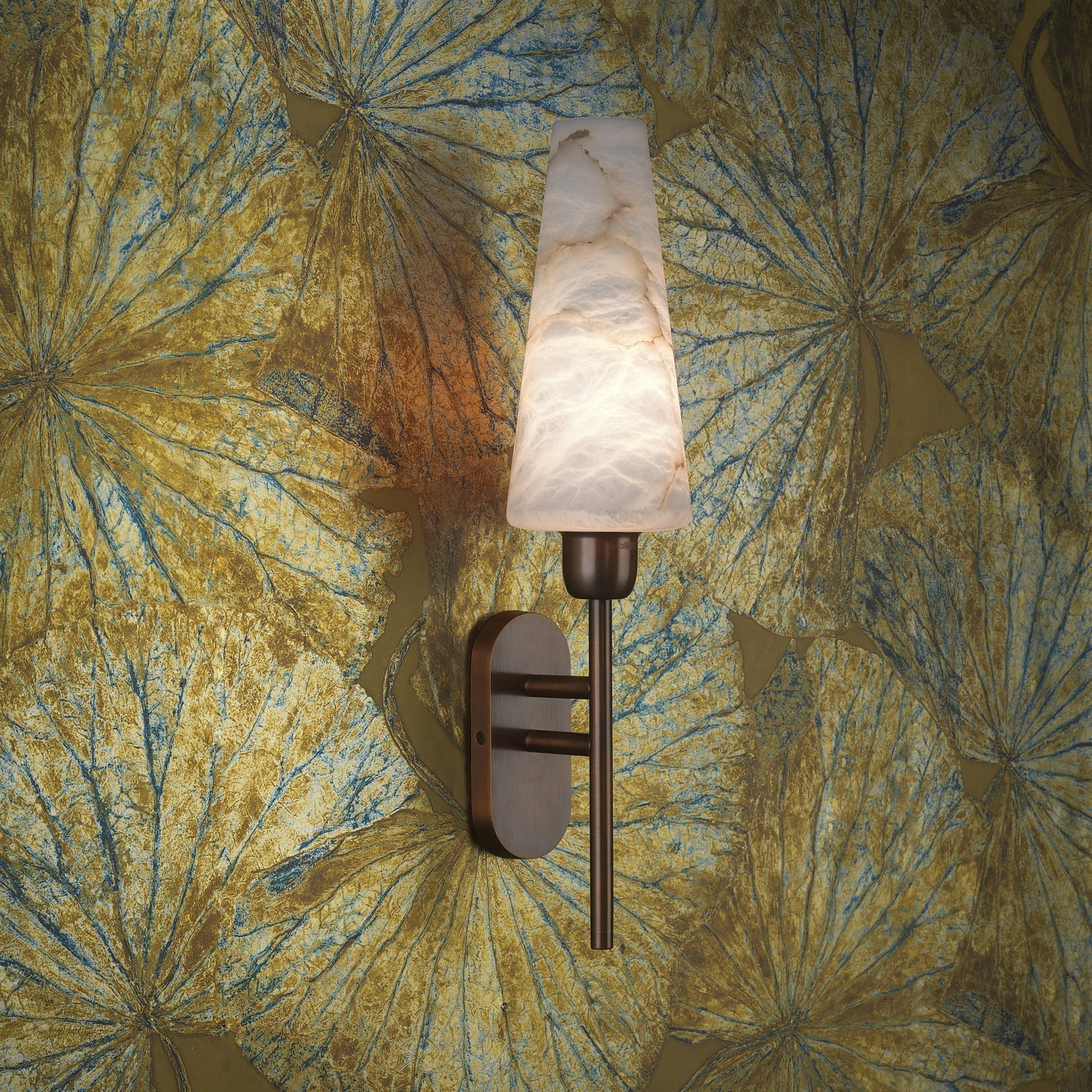 Angled view of the Arras Wall Lamp highlighting its bronze arms and alabaster shade.