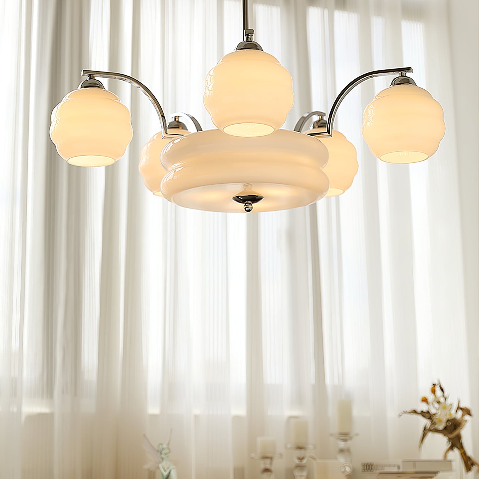 Lustra Chandelier Art Deco Vintage Gold Glass Shades-Neutral Decor