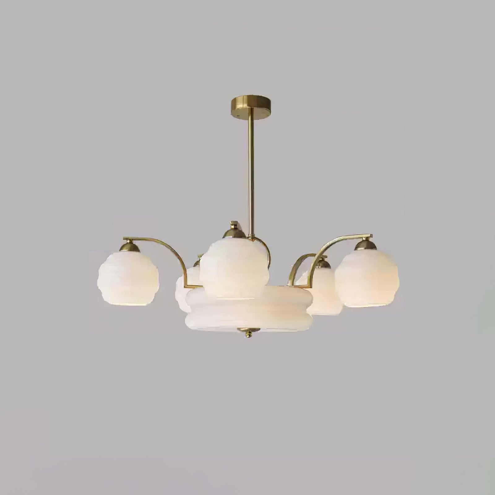 Lustra Chandelier Art Deco Vintage Gold Glass Shades-Neutral Decor