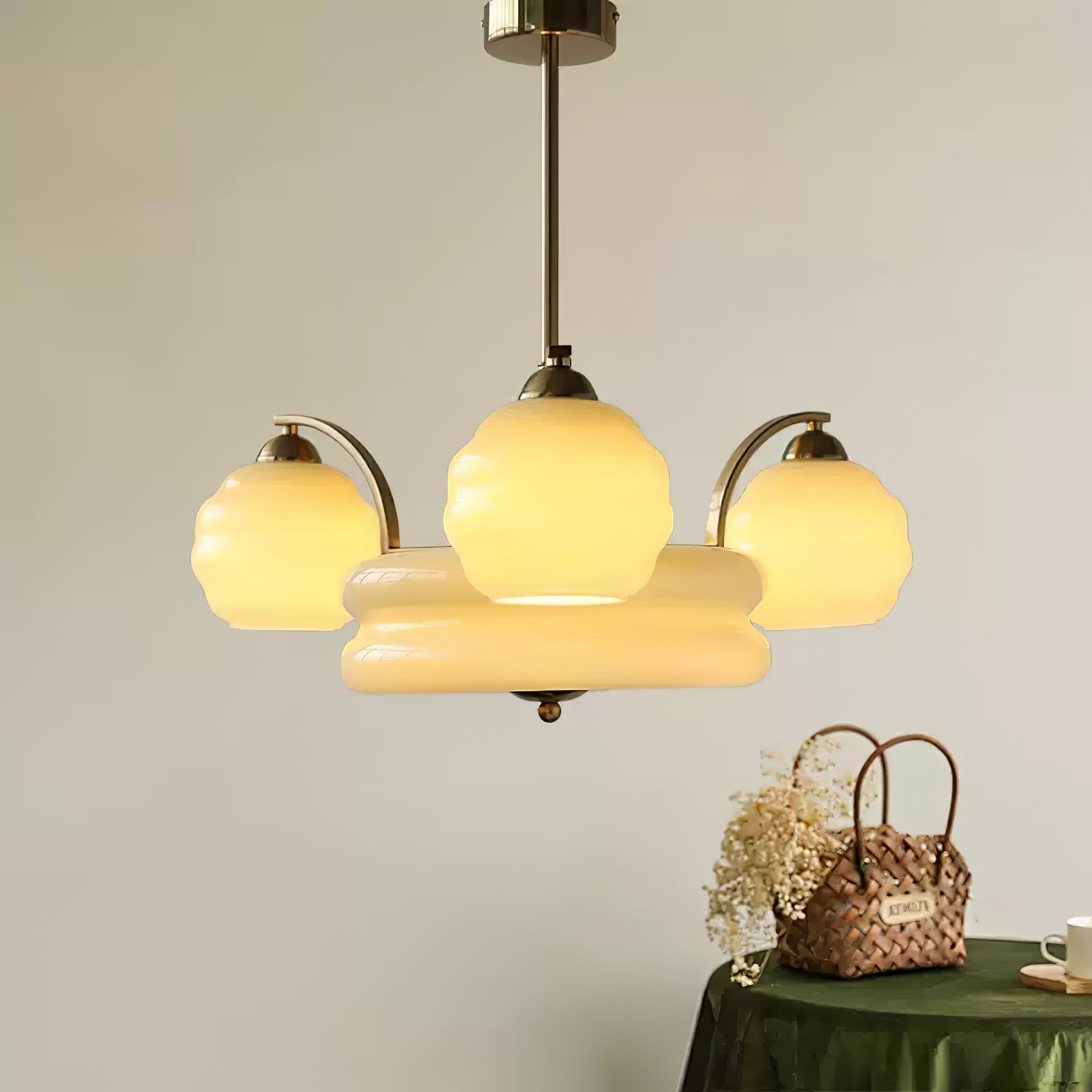 Lustra Chandelier Art Deco Vintage Gold Glass Shades-Neutral Decor