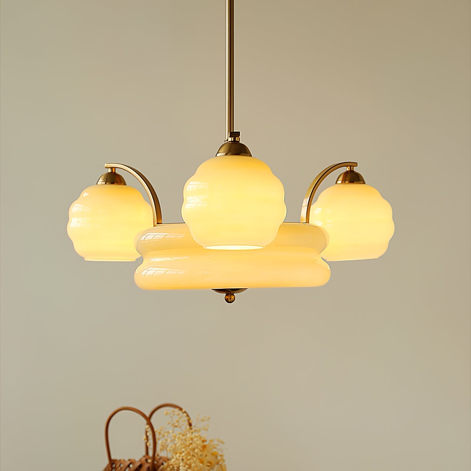 Lustra Chandelier Art Deco Vintage Gold Glass Shades-Neutral Decor