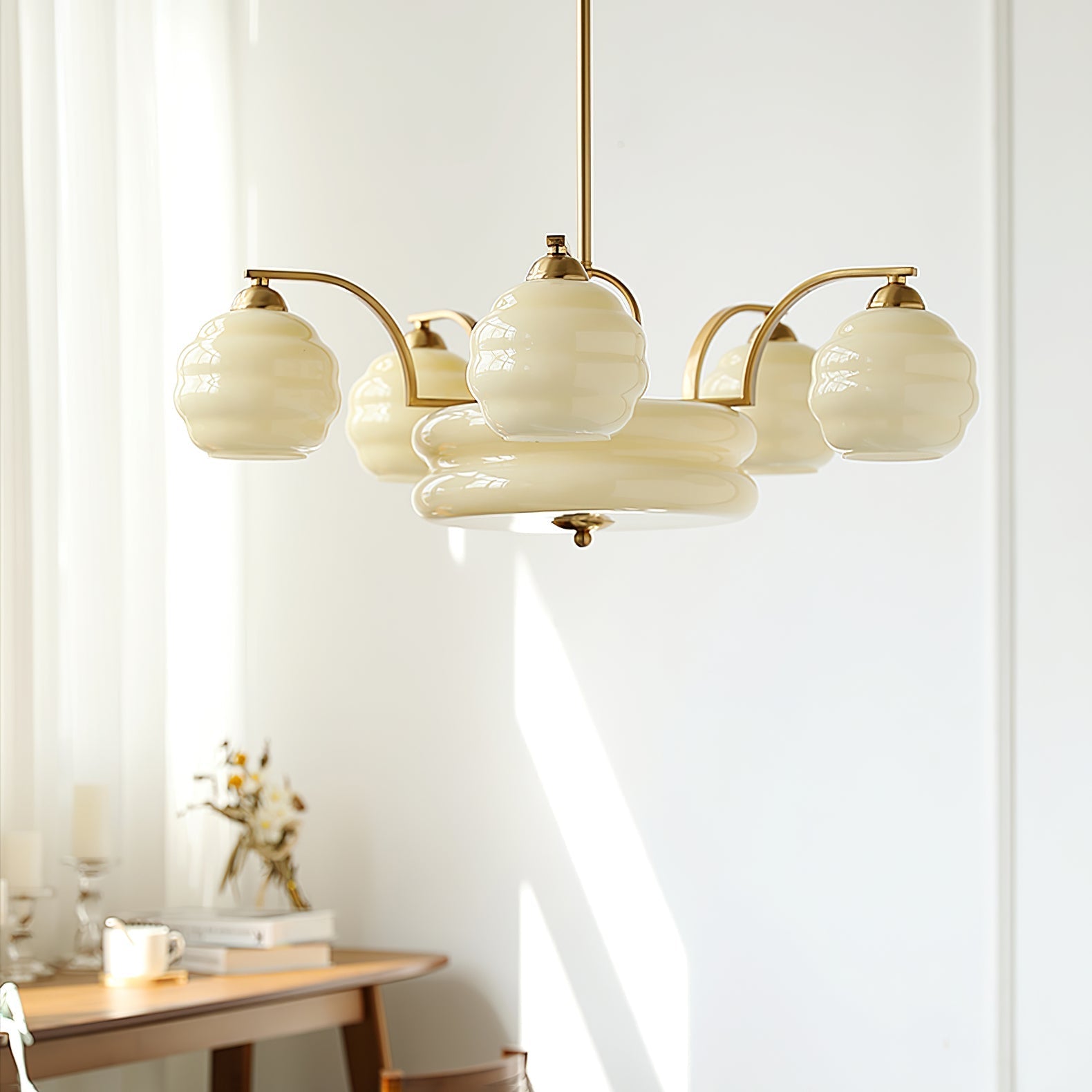 Lustra Chandelier Art Deco Vintage Gold Glass Shades-Neutral Decor