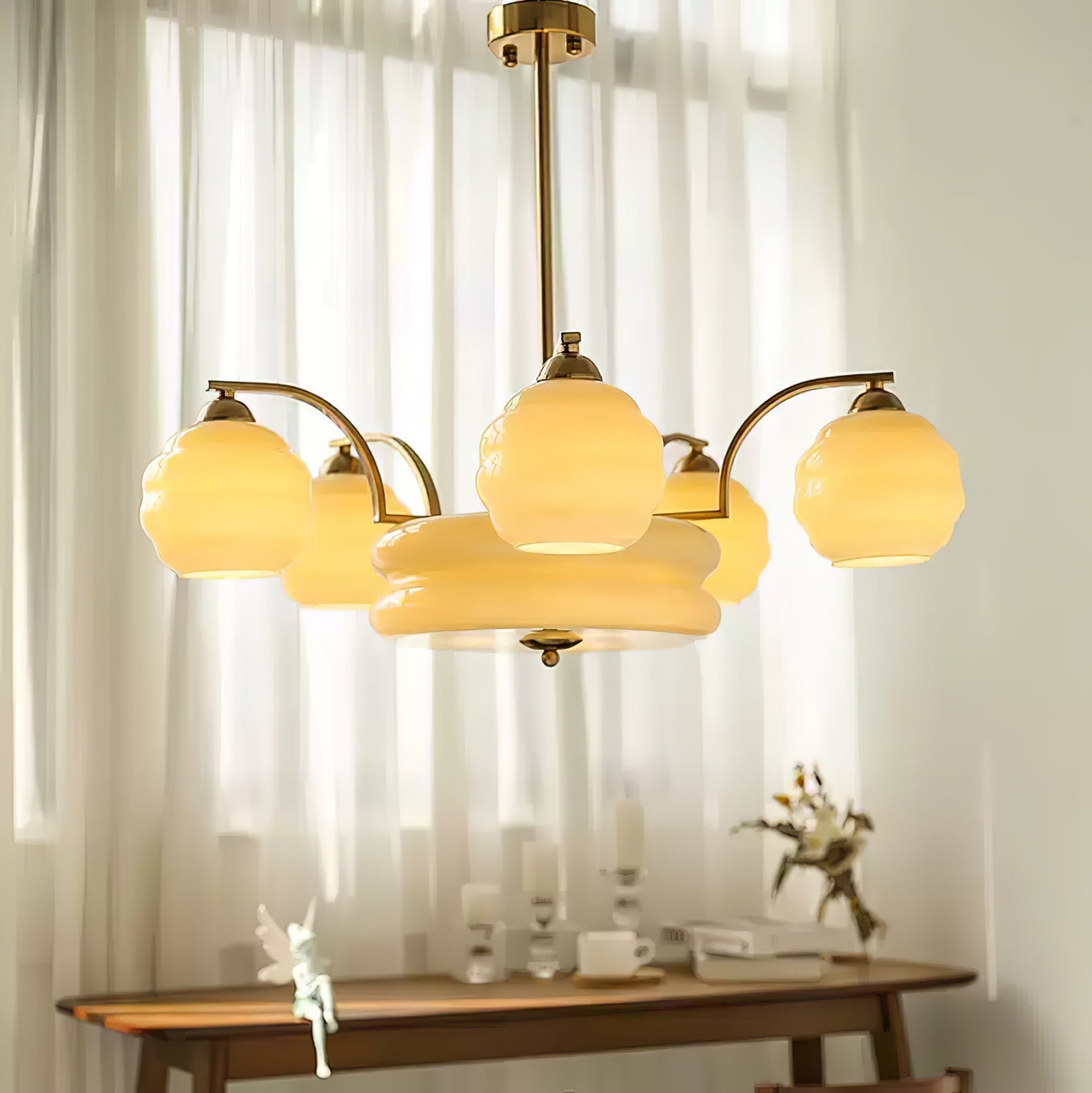 Lustra Chandelier Art Deco Vintage Gold Glass Shades-Neutral Decor