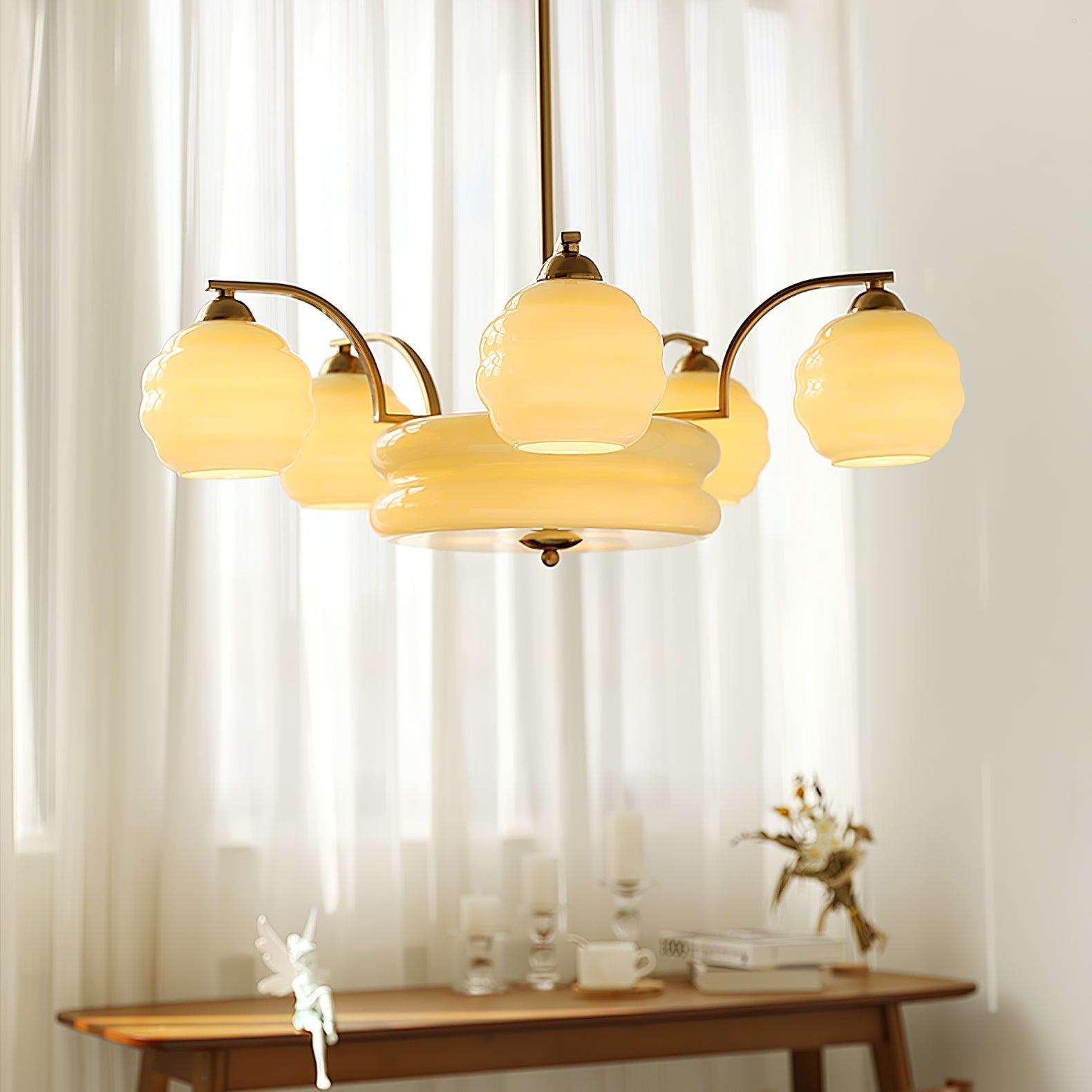 Lustra Chandelier Art Deco Vintage Gold Glass Shades-Neutral Decor