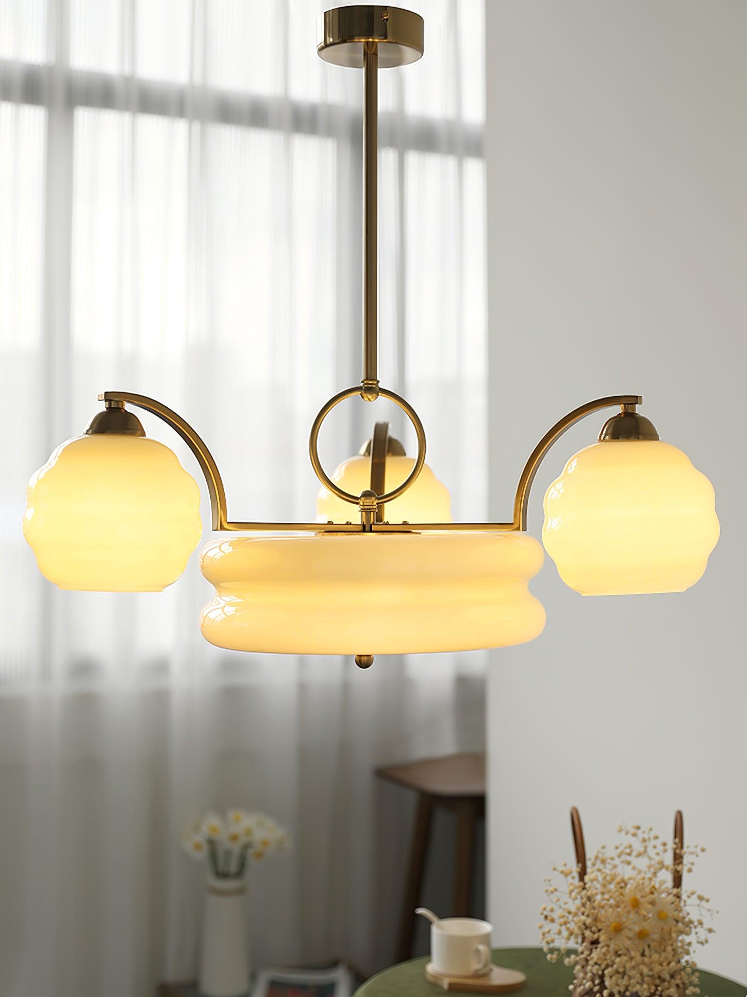 Lustra Chandelier Art Deco Vintage Gold Glass Shades-Neutral Decor
