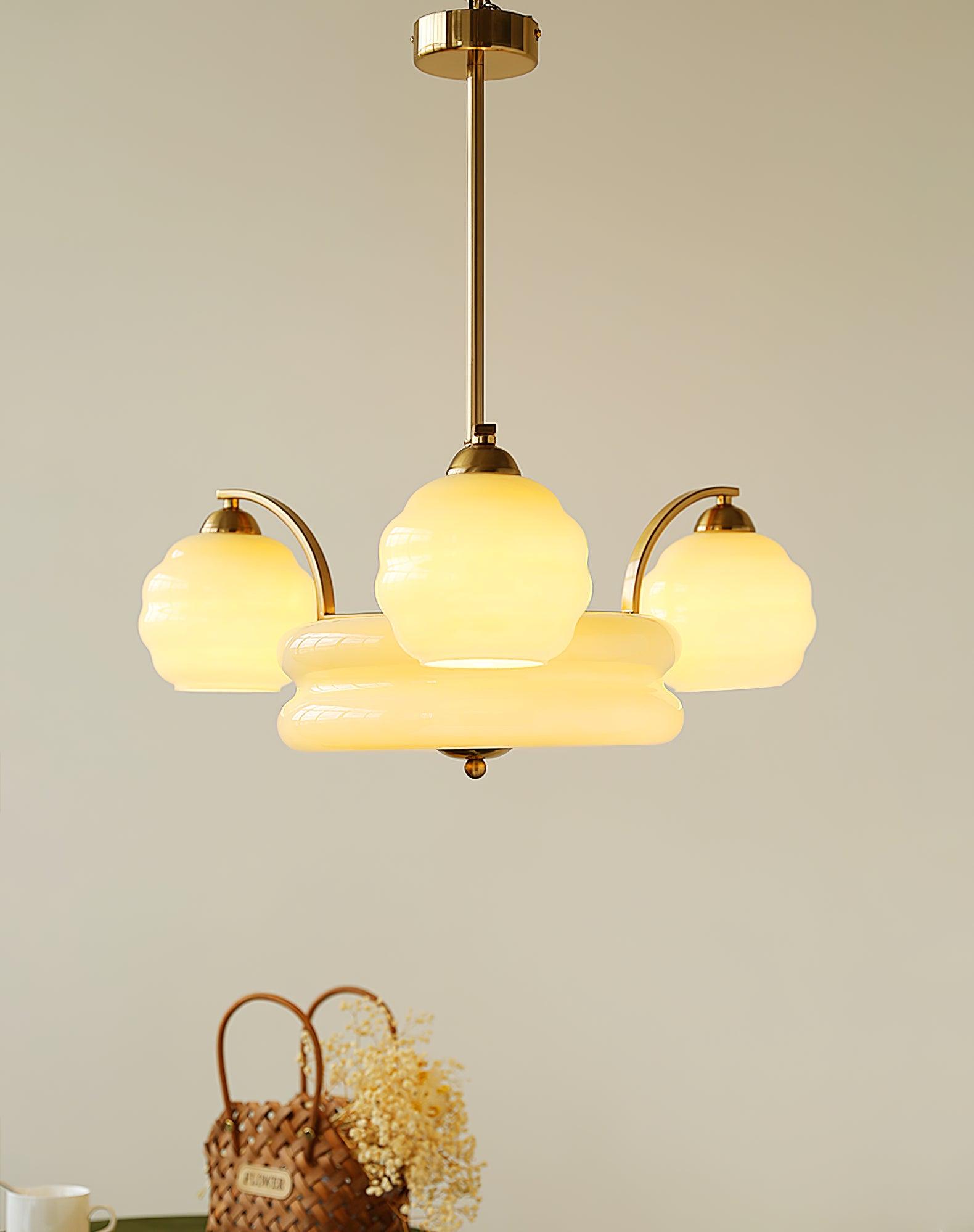 Lustra Chandelier Art Deco Vintage Gold Glass Shades-Neutral Decor