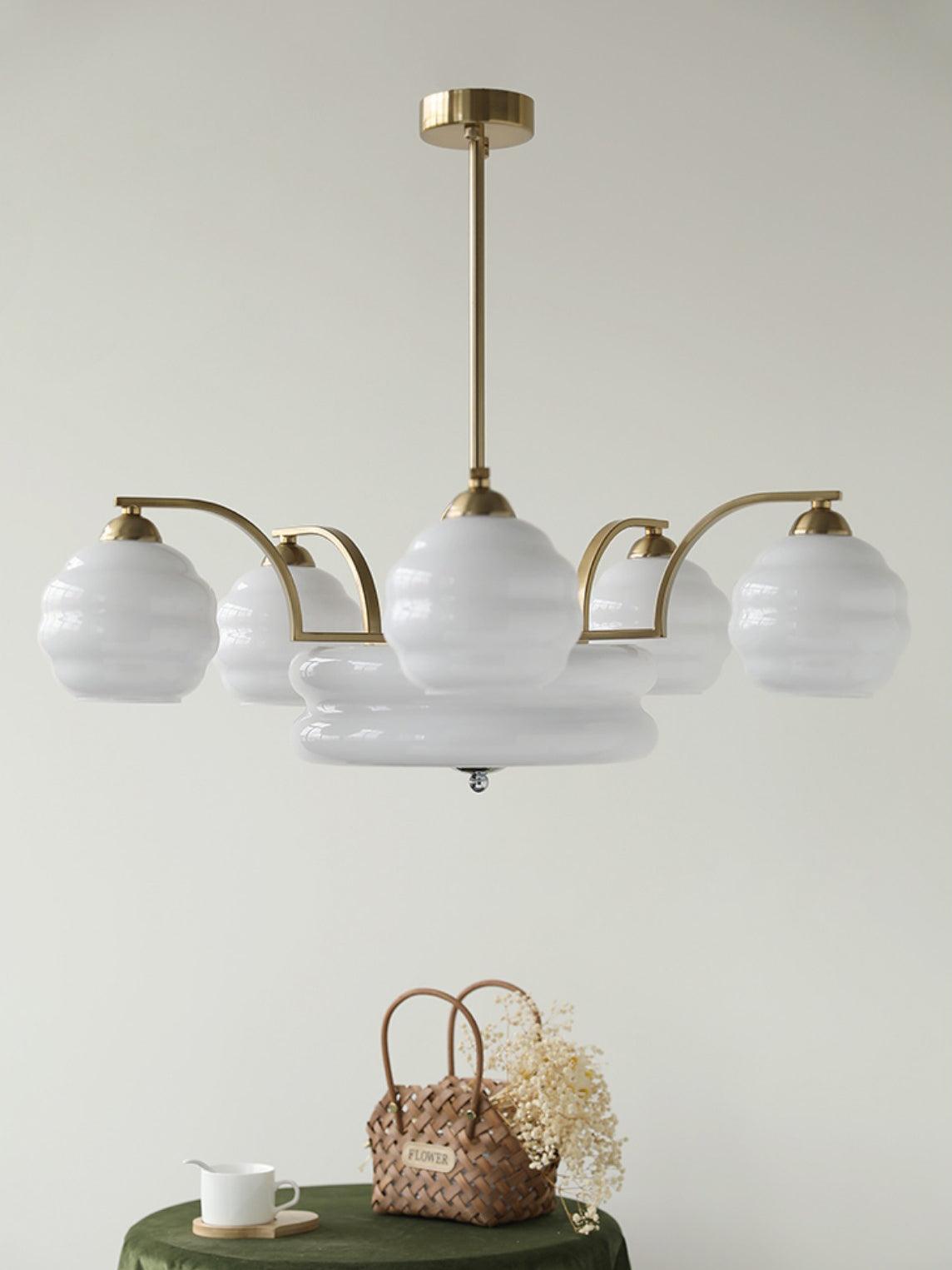 Lustra Chandelier Art Deco Vintage Gold Glass Shades-Neutral Decor