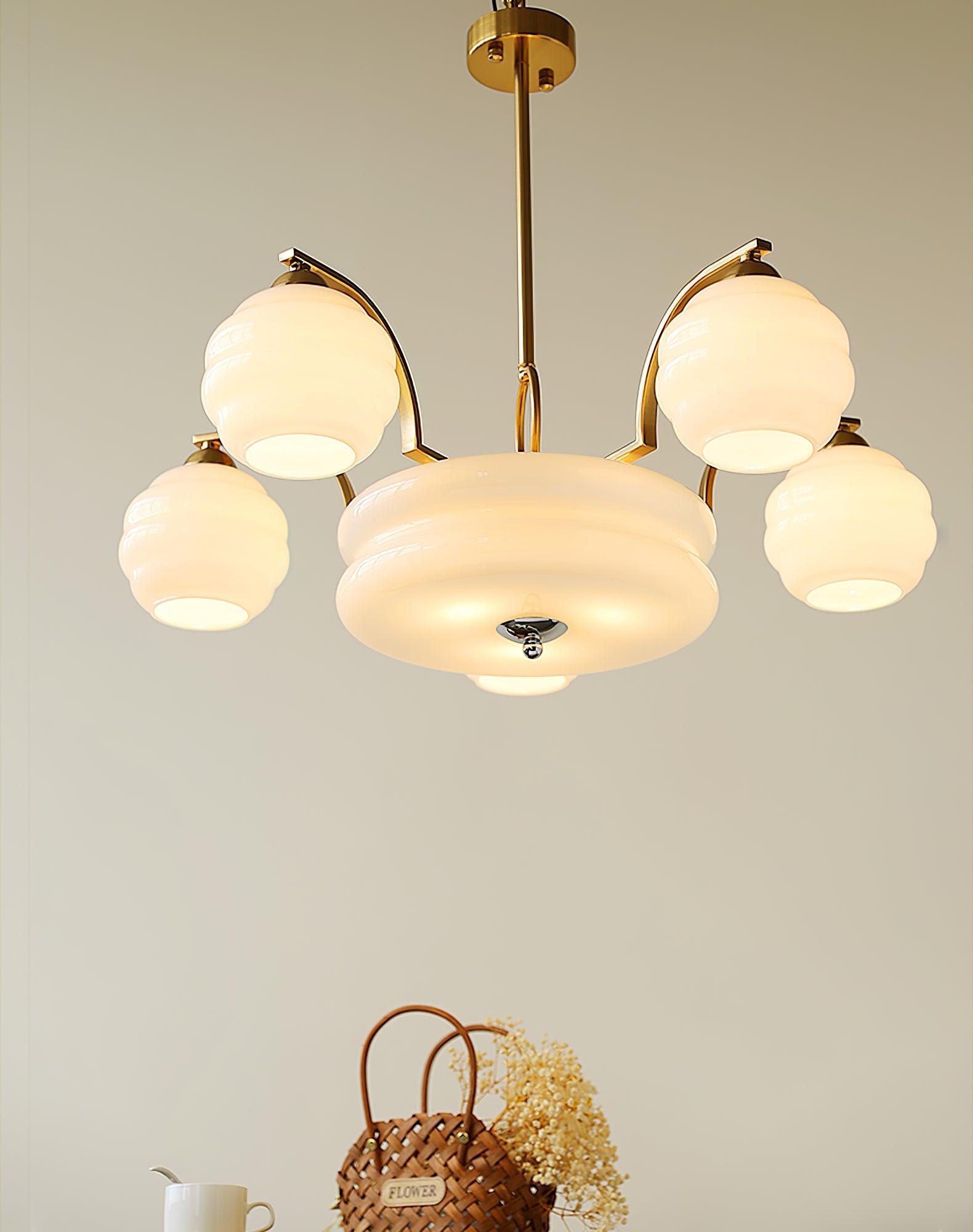 Lustra Chandelier Art Deco Vintage Gold Glass Shades-Neutral Decor