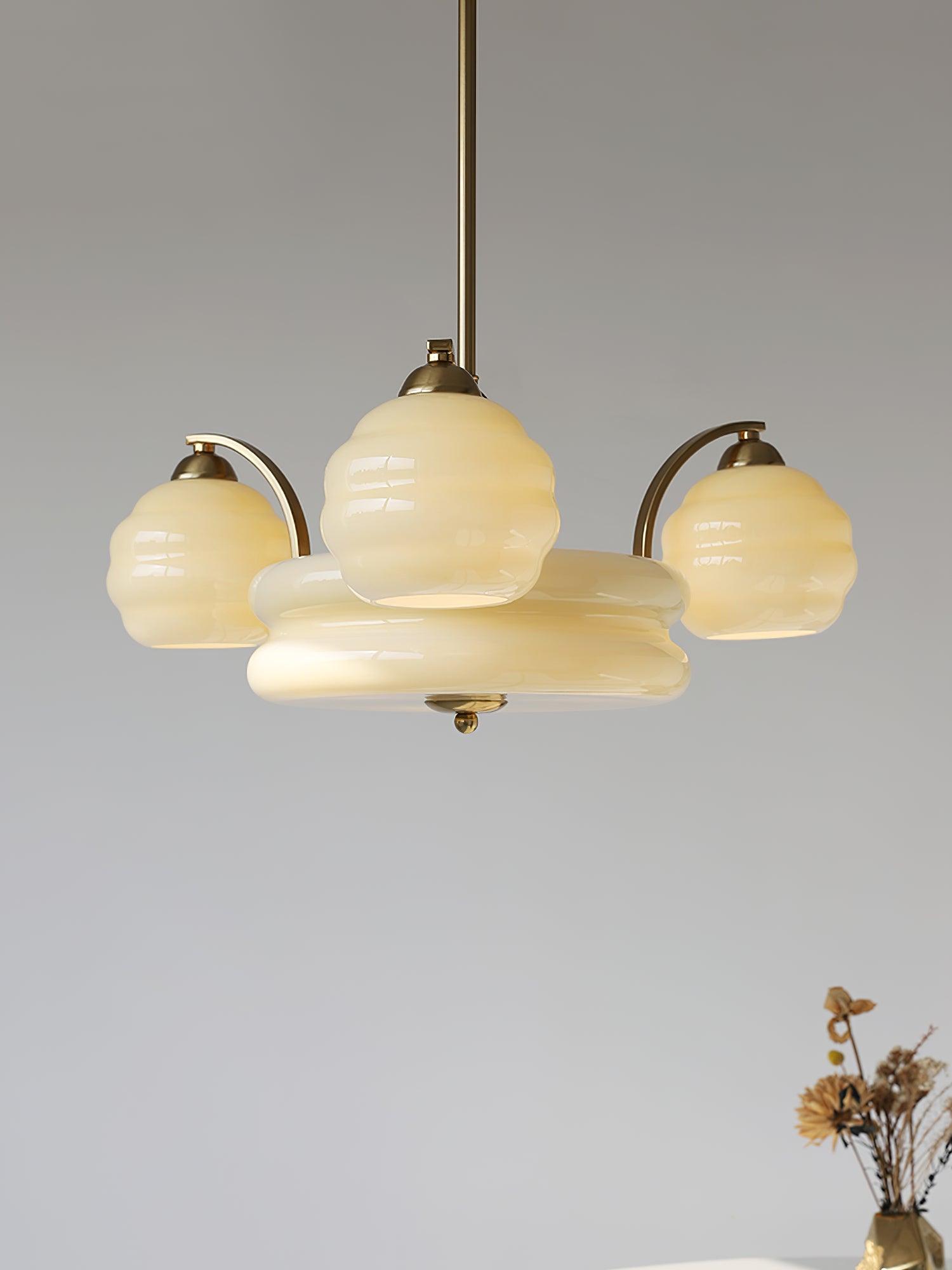 Lustra Chandelier Art Deco Vintage Gold Glass Shades-Neutral Decor