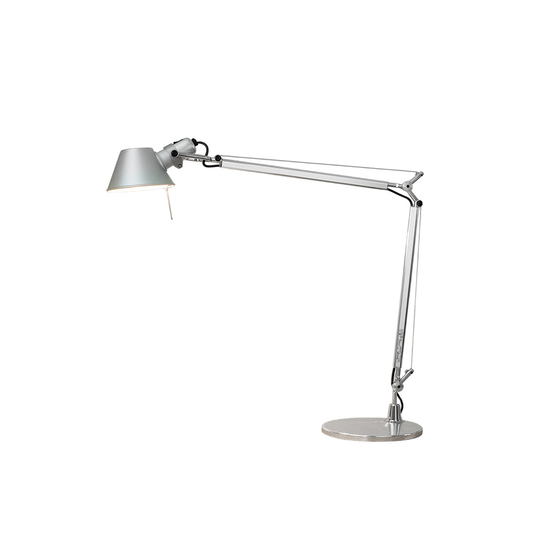 Articulated aluminum desk lamp in a silver finish.