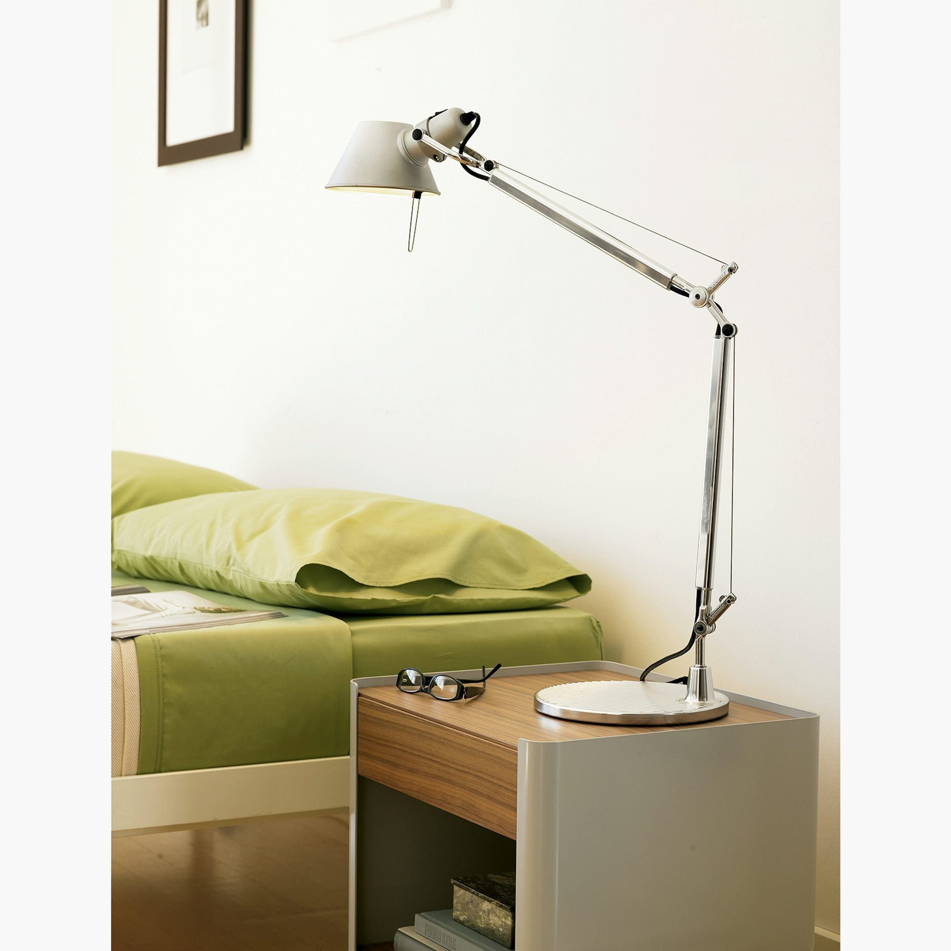 The silver aluminum finish reflecting light.