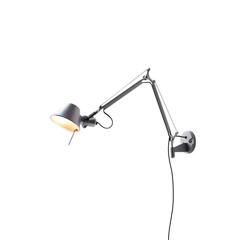 Brady Rocker Arm Plug-in Sconce in silver finish.
