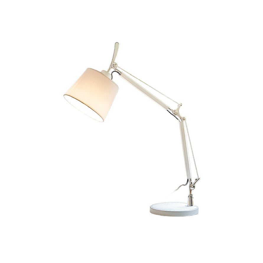 Costanza Table Lamp with a silver aluminum body and white fabric shade.