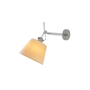 Costanza arm wall lamp with a silver aluminum body and fabric shade.
