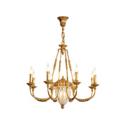 Front view of the Ashford Brass Chandelier with its central crystal drop.
