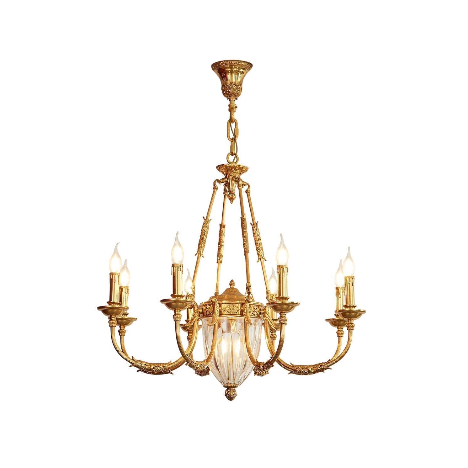 Front view of the Ashford Brass Chandelier with its central crystal drop.