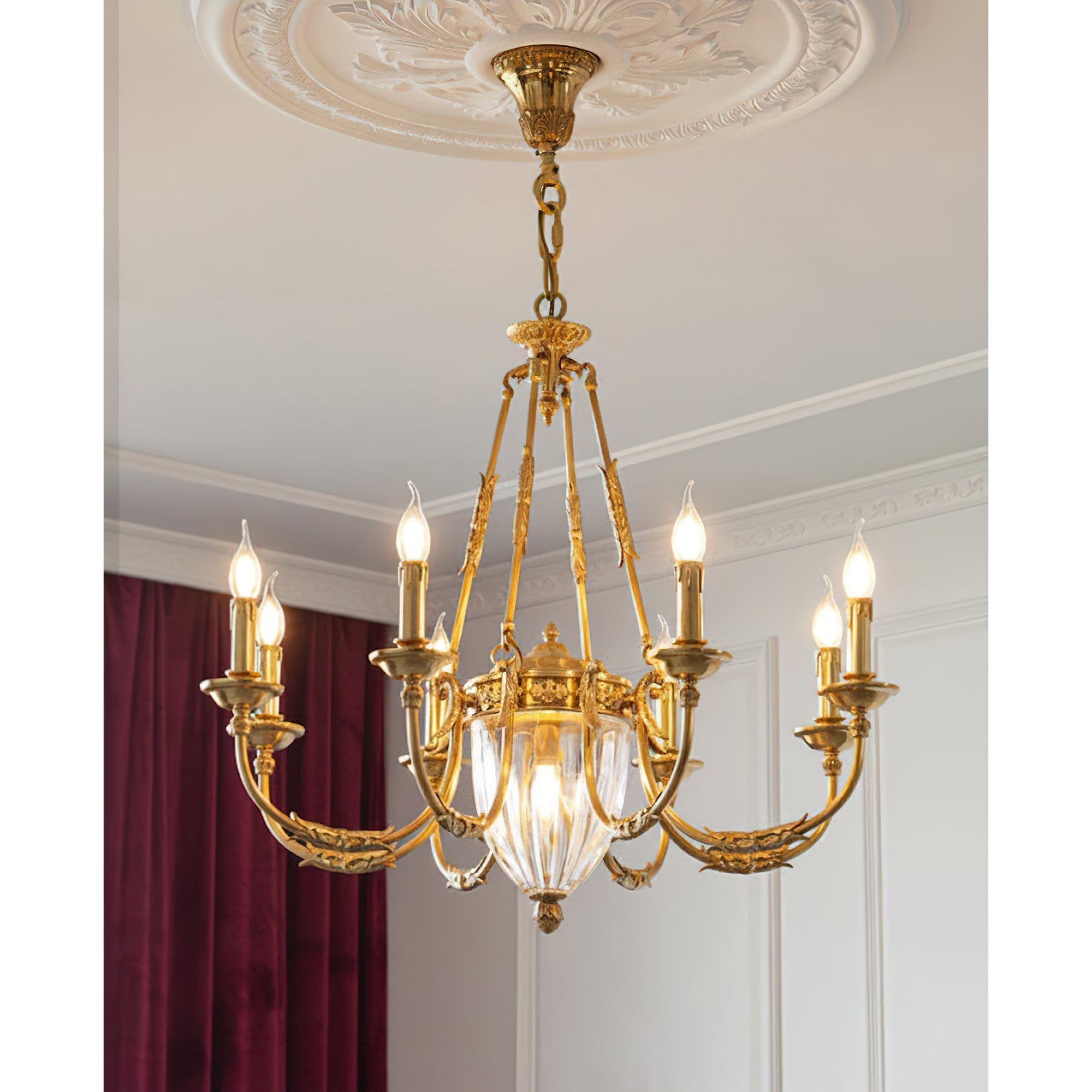Lifestyle image of the chandelier in a French Provincial living room.