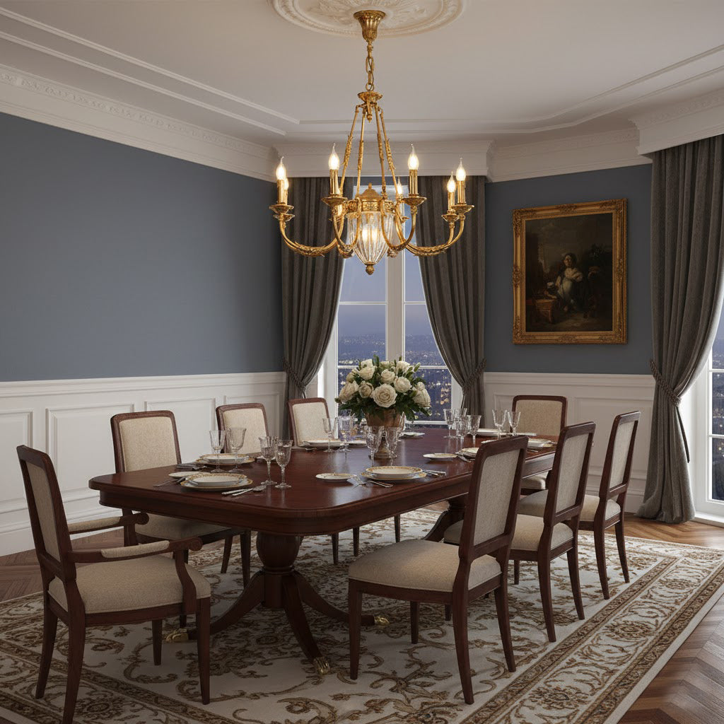 The 6+1 arm version of the Ashford Brass Chandelier in a formal dining room.