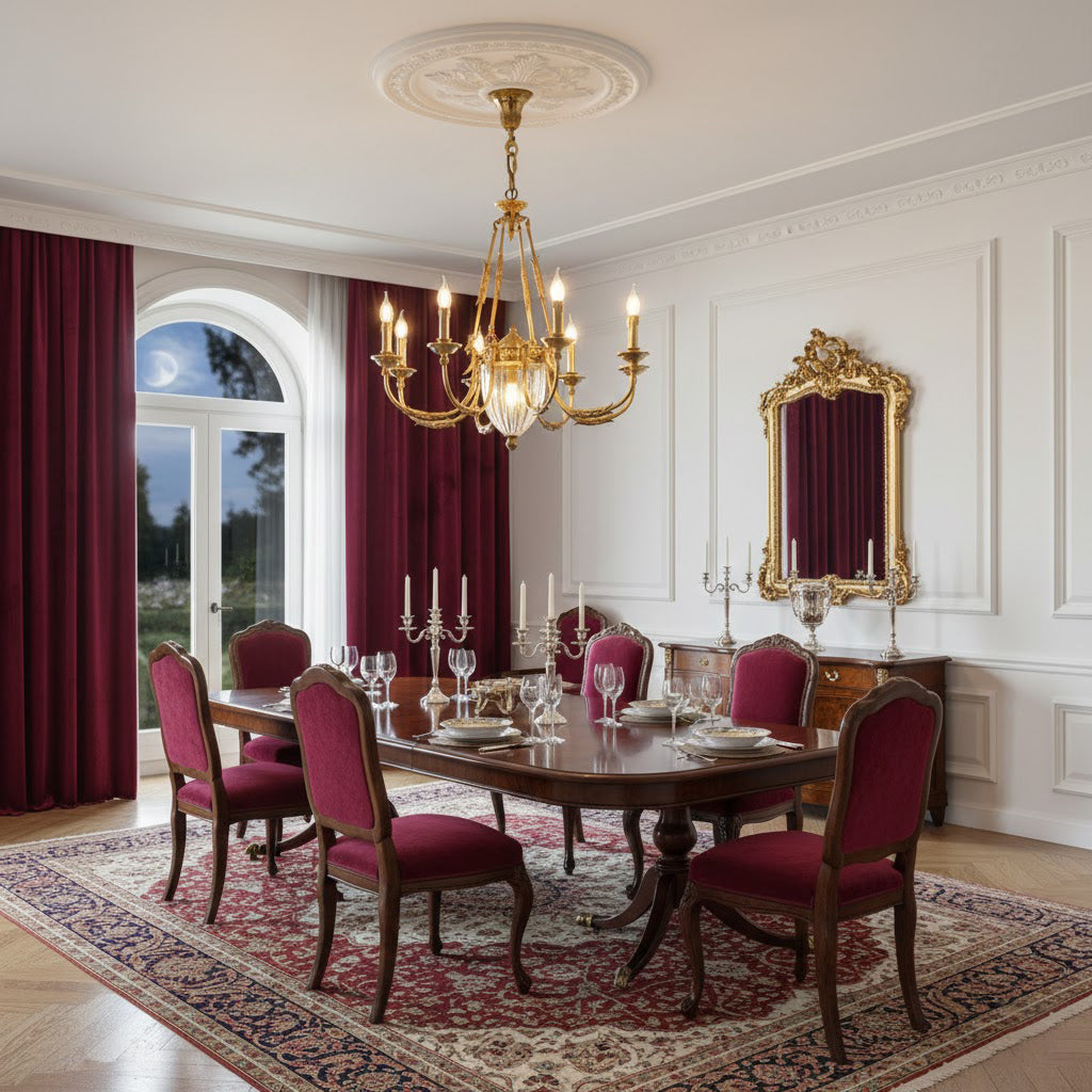 The 8+1 arm version of the Ashford Brass Chandelier in a large formal space.