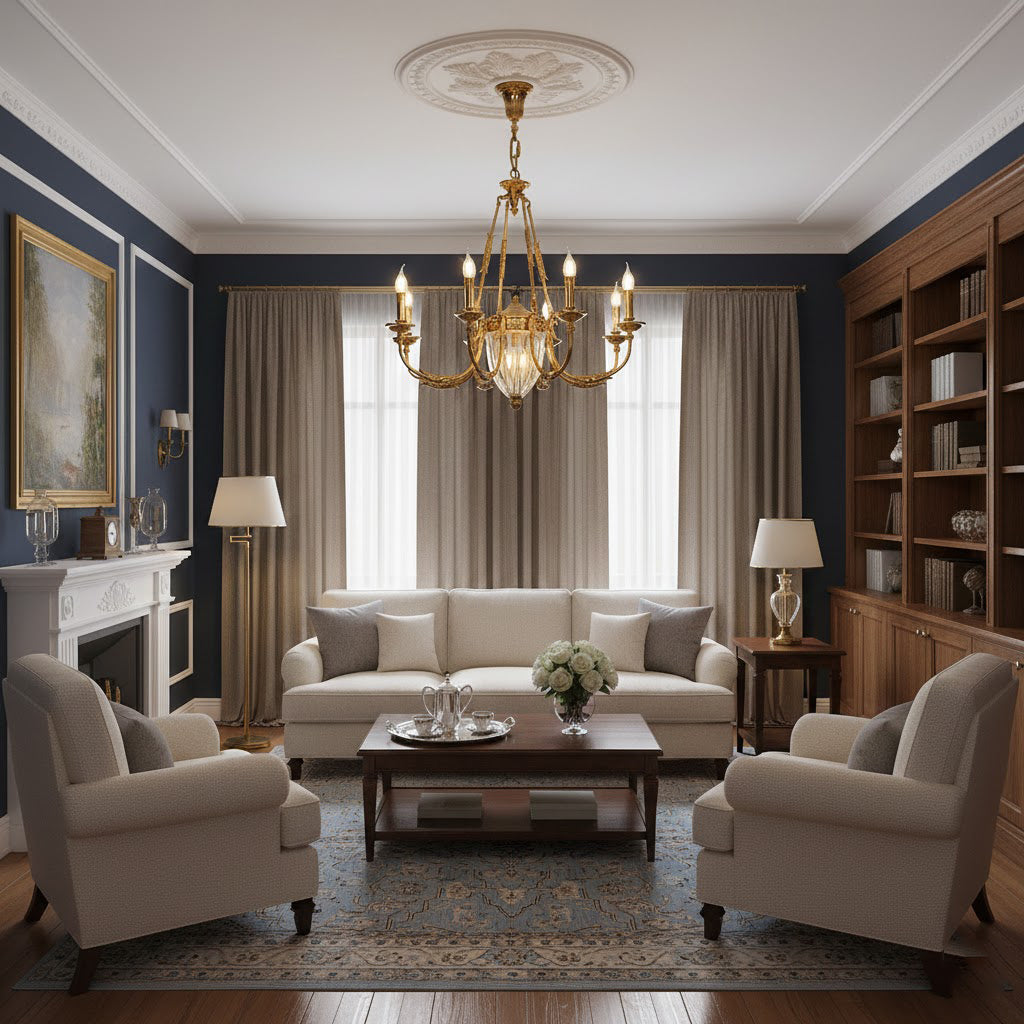Side profile of the Ashford Chandelier, showing its neoclassical proportions.