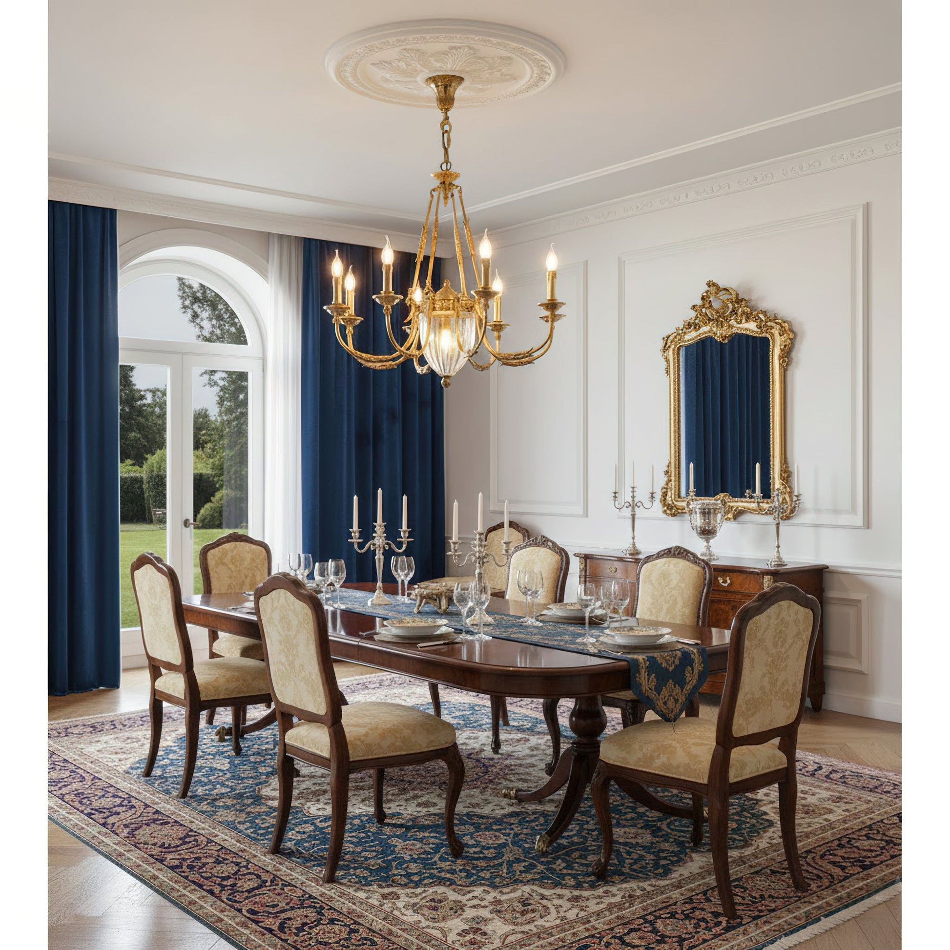 A single scrolled bobeche and flame-tip socket on a chandelier arm.