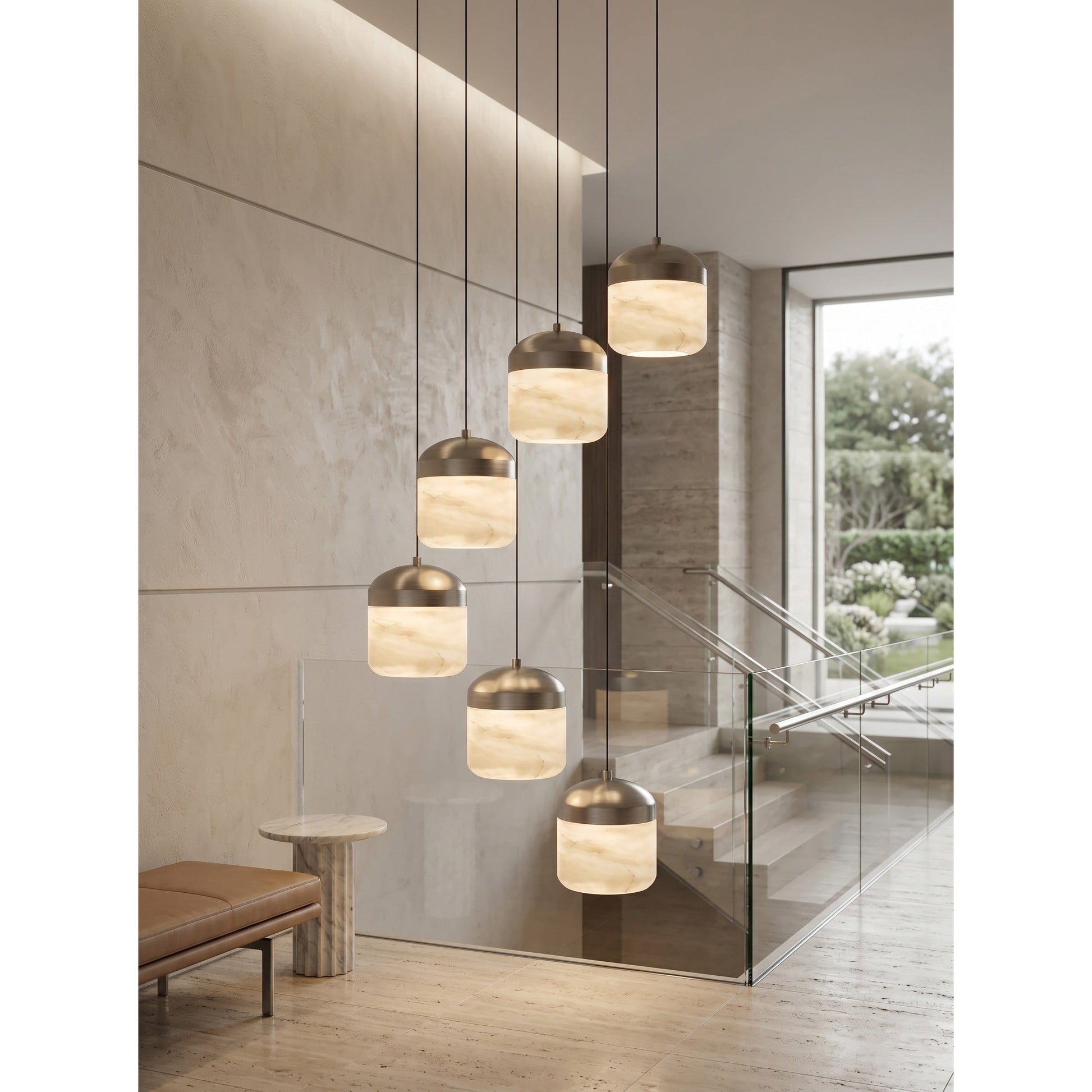 Asta Alabaster Pendant Lamp against a dark background.