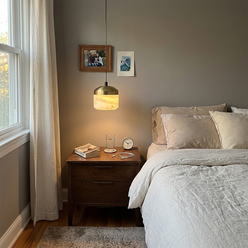 The unique natural veining of the alabaster shade on the Asta lamp.