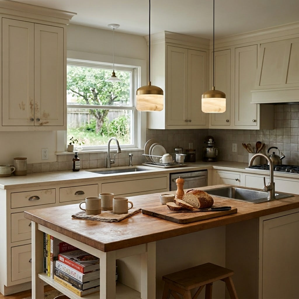 Lifestyle image of the Asta pendant lamp in a kitchen island setting.