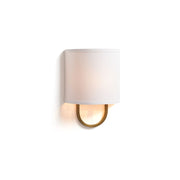 Atticus Wall Lamp with brass finish and white fabric shade.