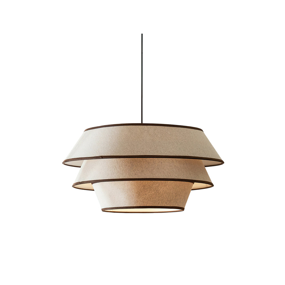 Auden Pendant Light in beige fabric with black trim, shown against a neutral background.