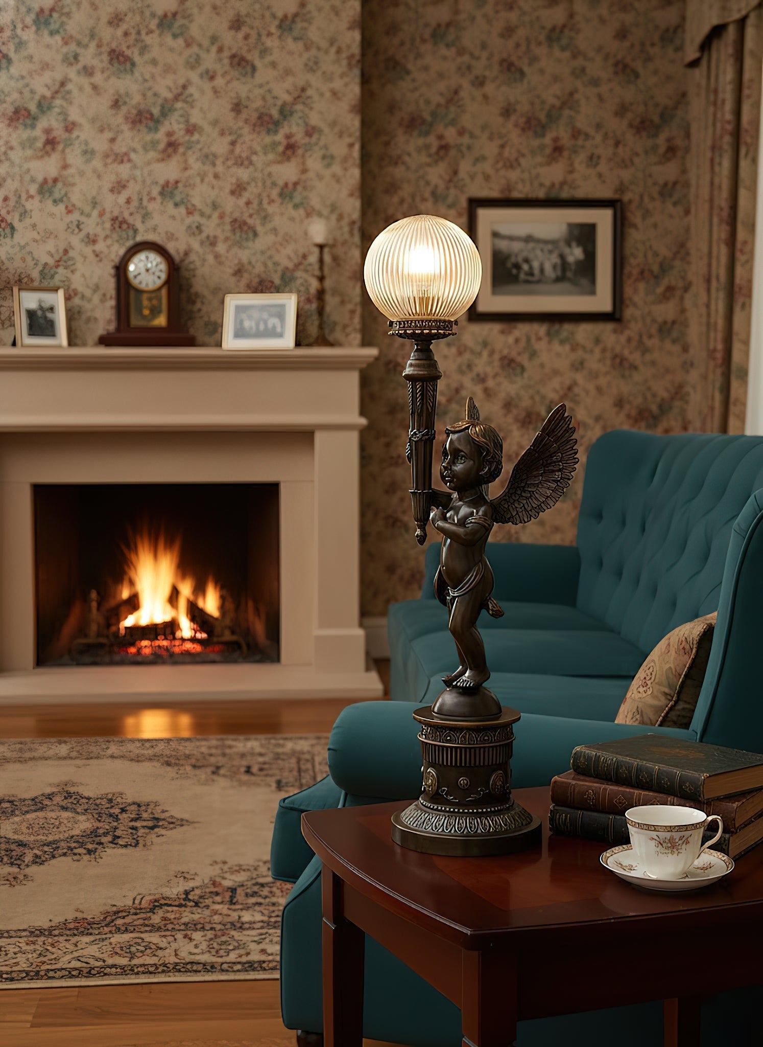 Close-up of the intricate brass detailing on the Auguste Moreau table lamp.