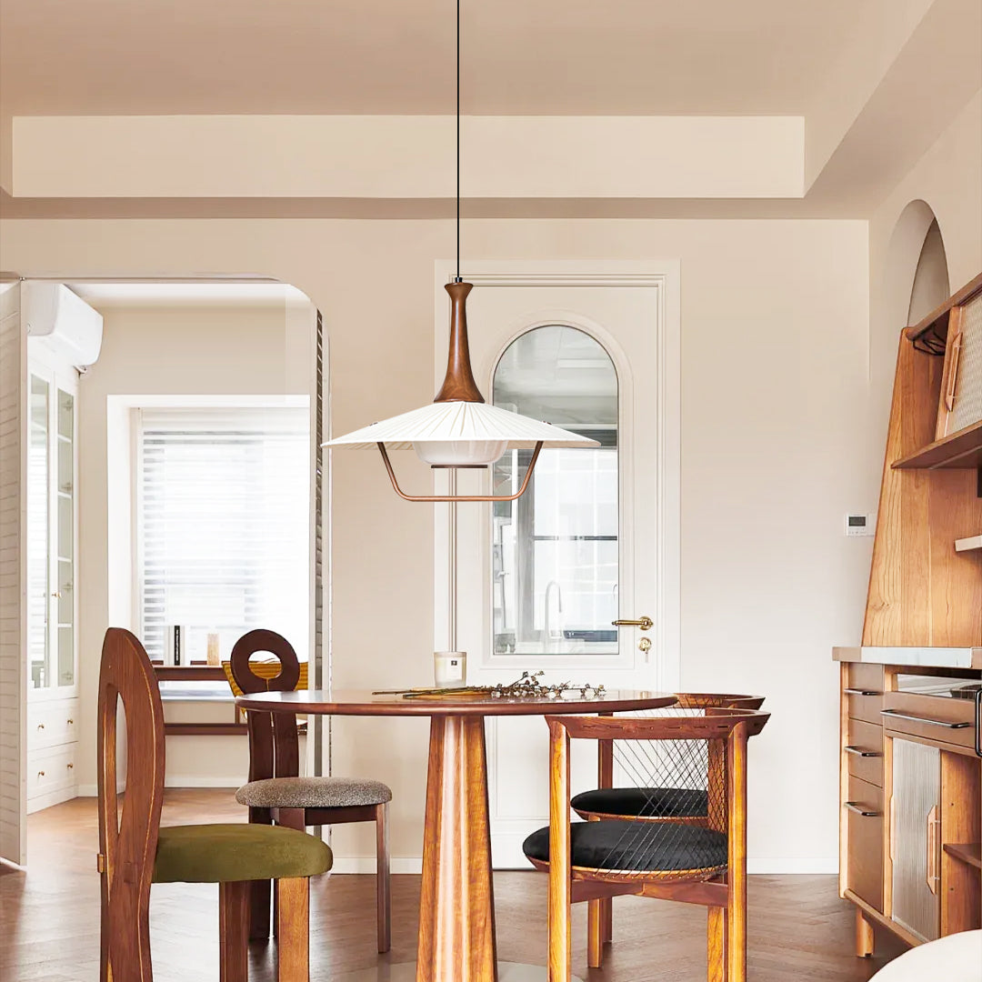 Vionne Mid-Century Wood and White Pendant Lamp