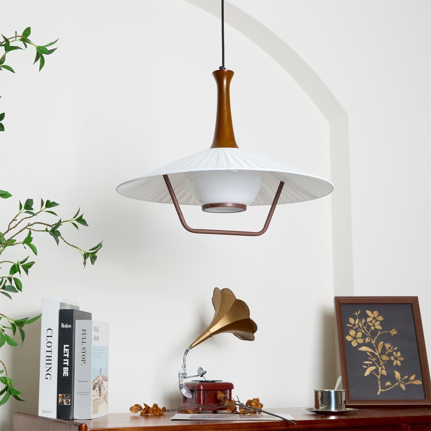 Vionne Mid-Century Wood and White Pendant Lamp