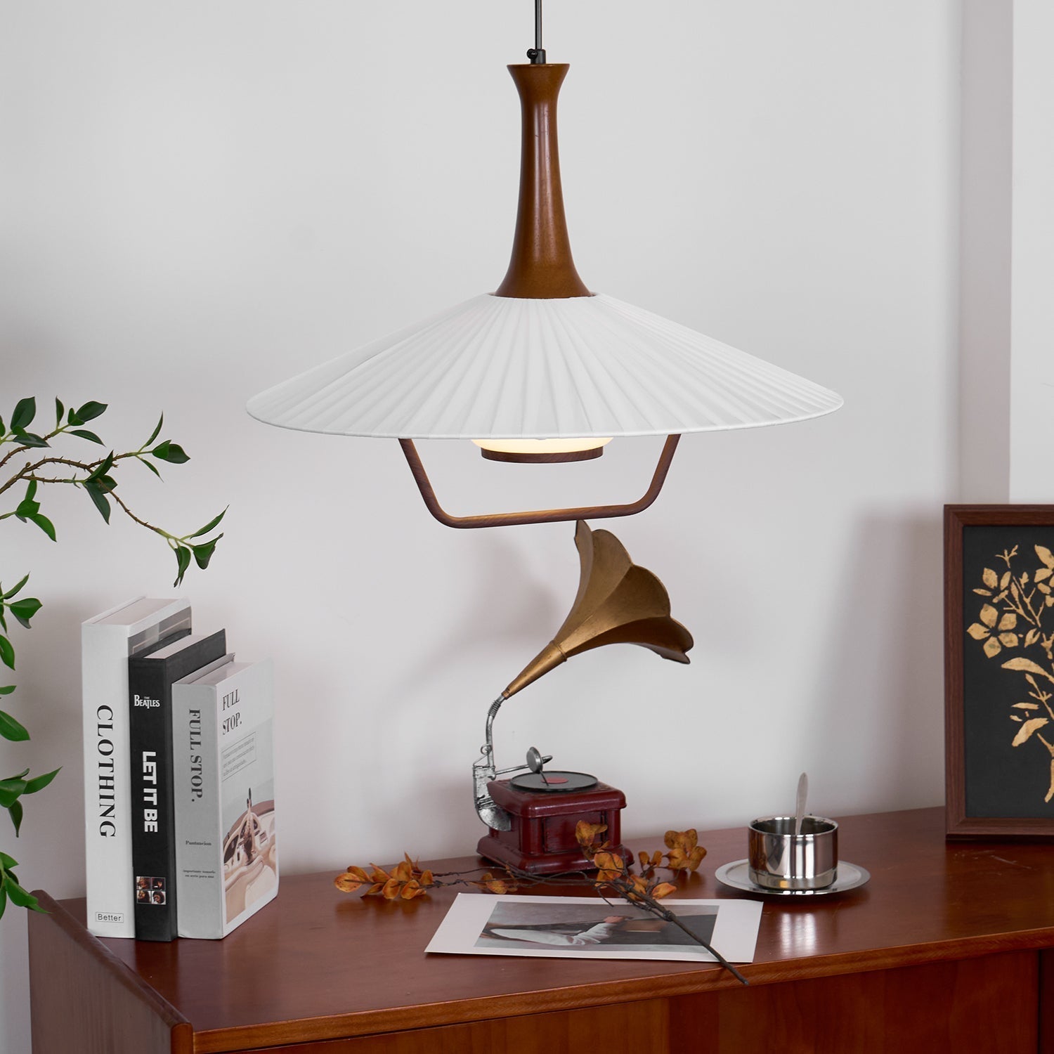 Vionne Mid-Century Wood and White Pendant Lamp