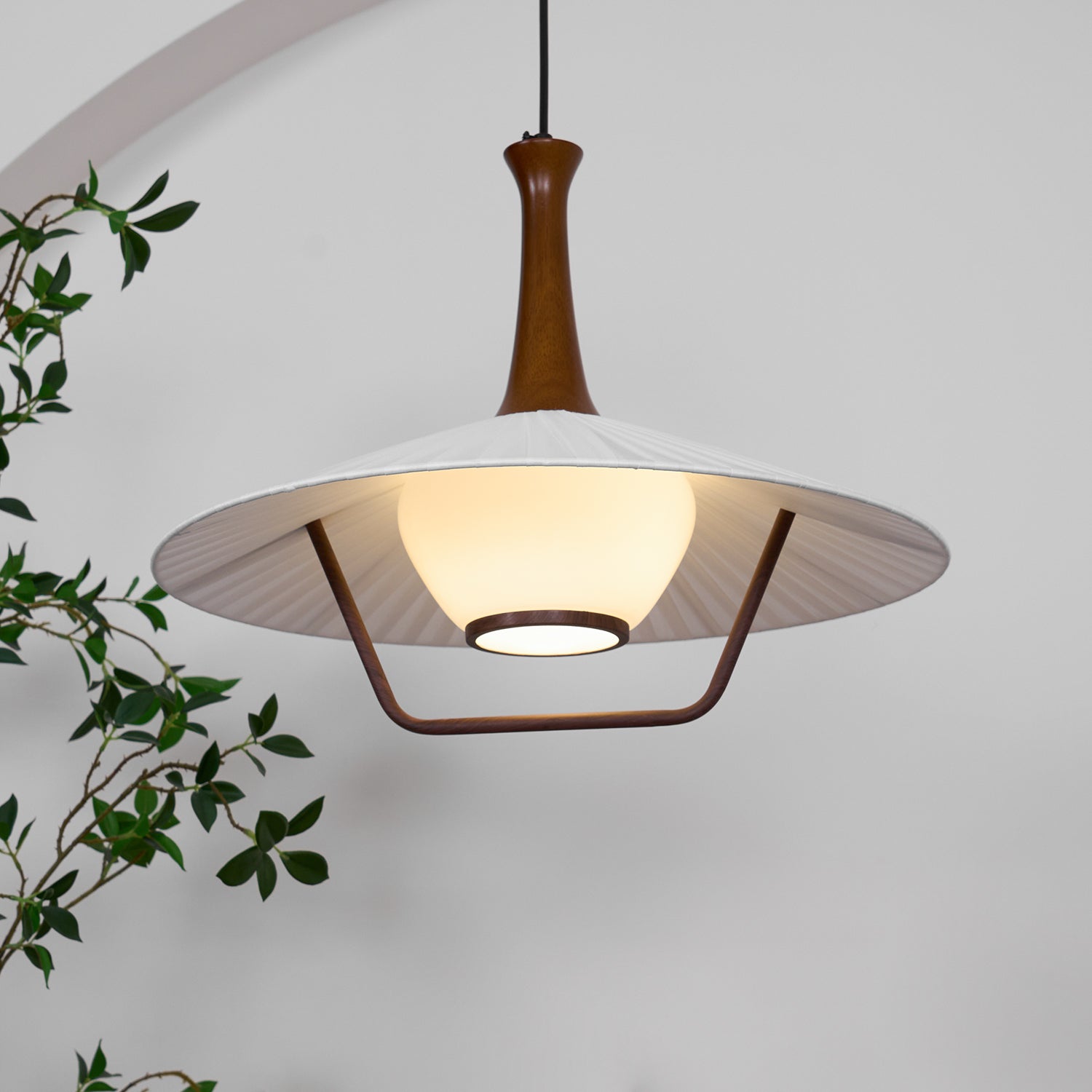 Vionne Mid-Century Wood and White Pendant Lamp