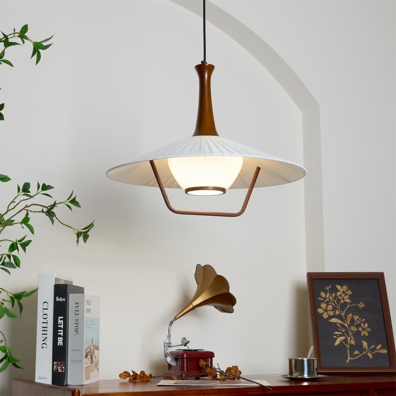 Vionne Mid-Century Wood and White Pendant Lamp