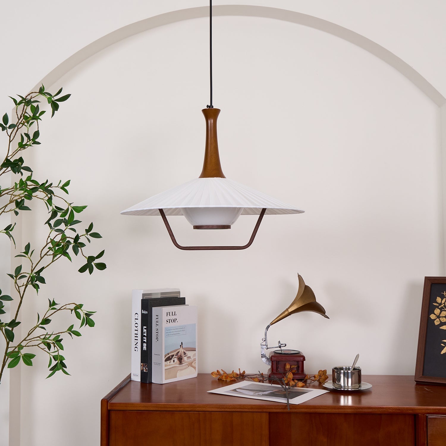 Vionne Mid-Century Wood and White Pendant Lamp
