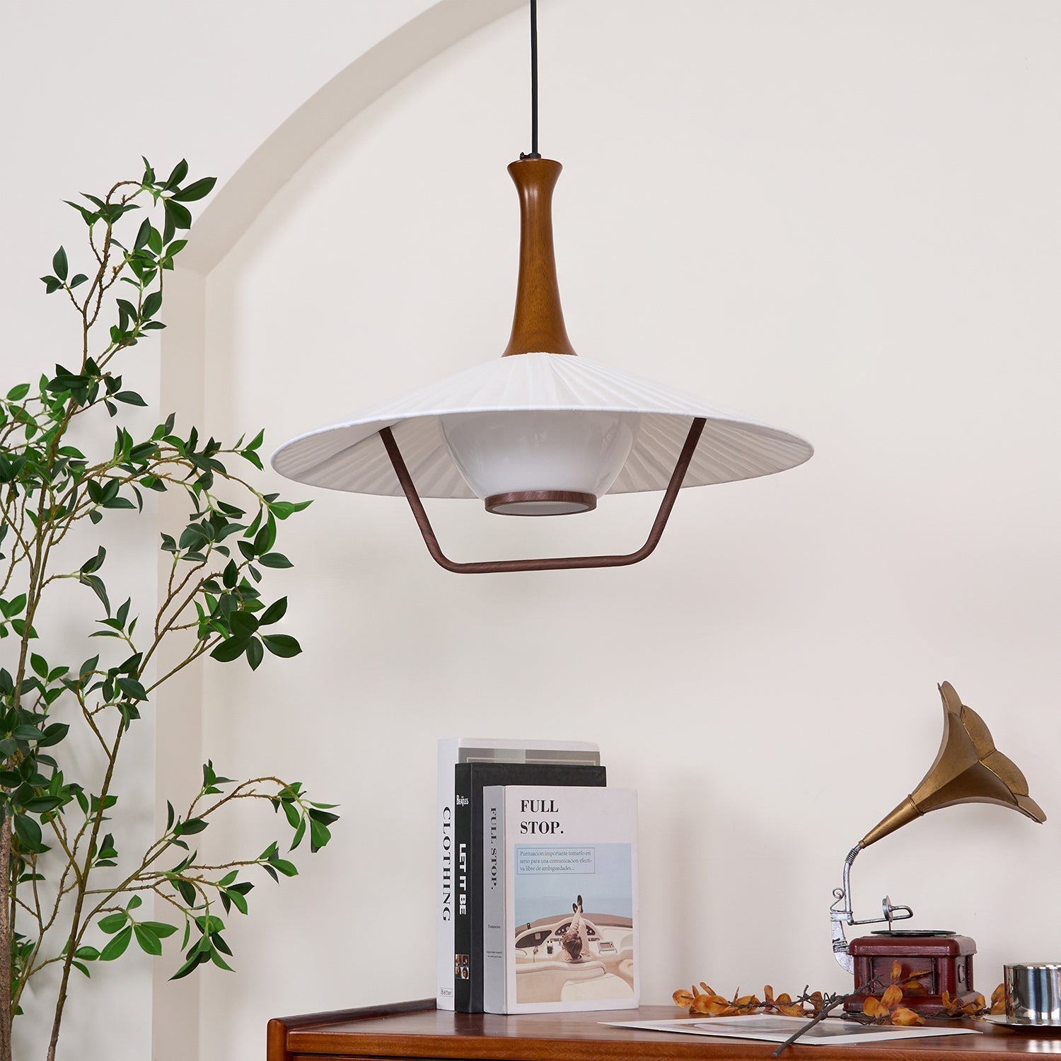 Vionne Mid-Century Wood and White Pendant Lamp