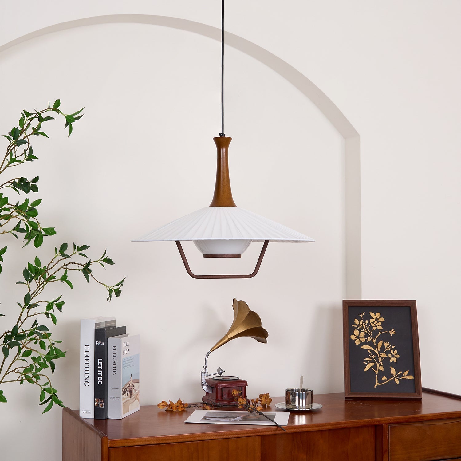 Vionne Mid-Century Wood and White Pendant Lamp