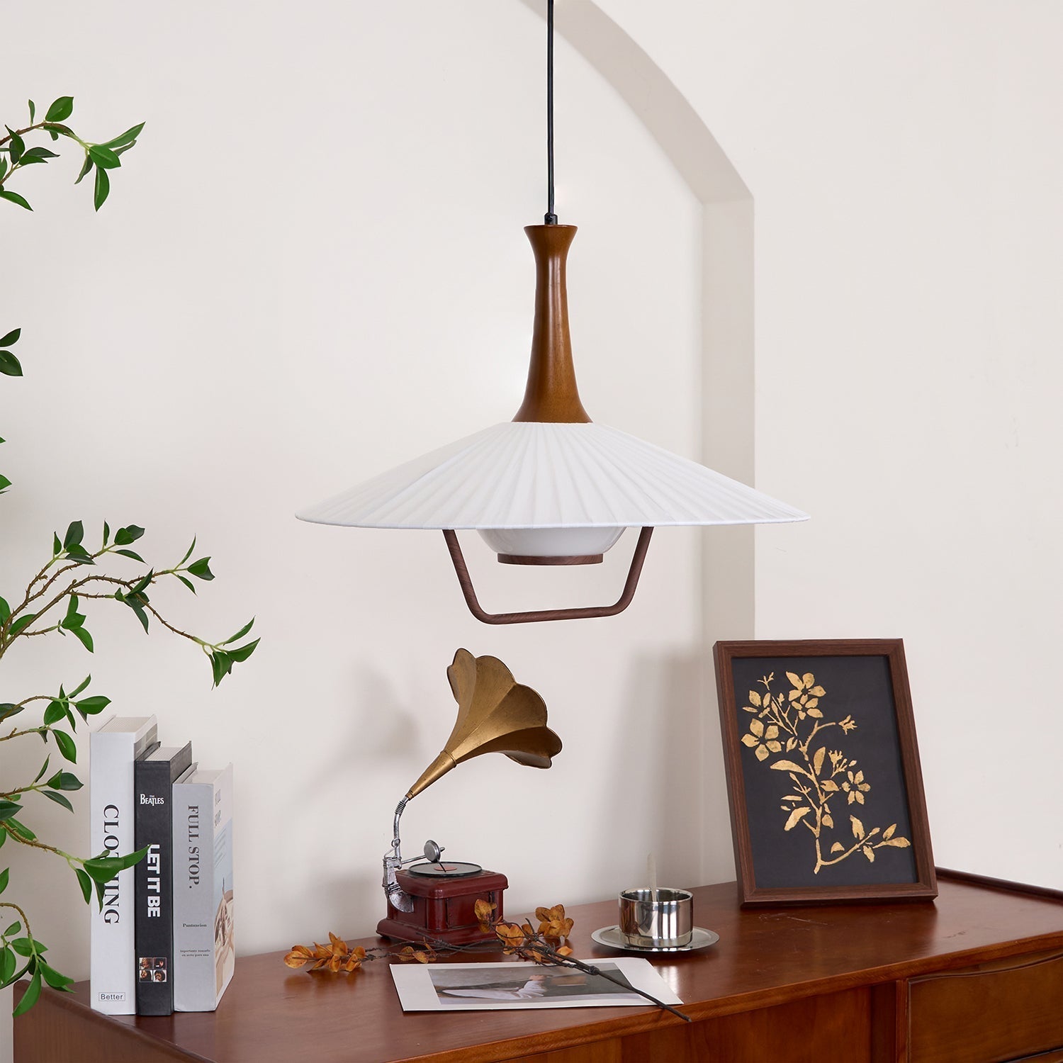 Vionne Mid-Century Wood and White Pendant Lamp