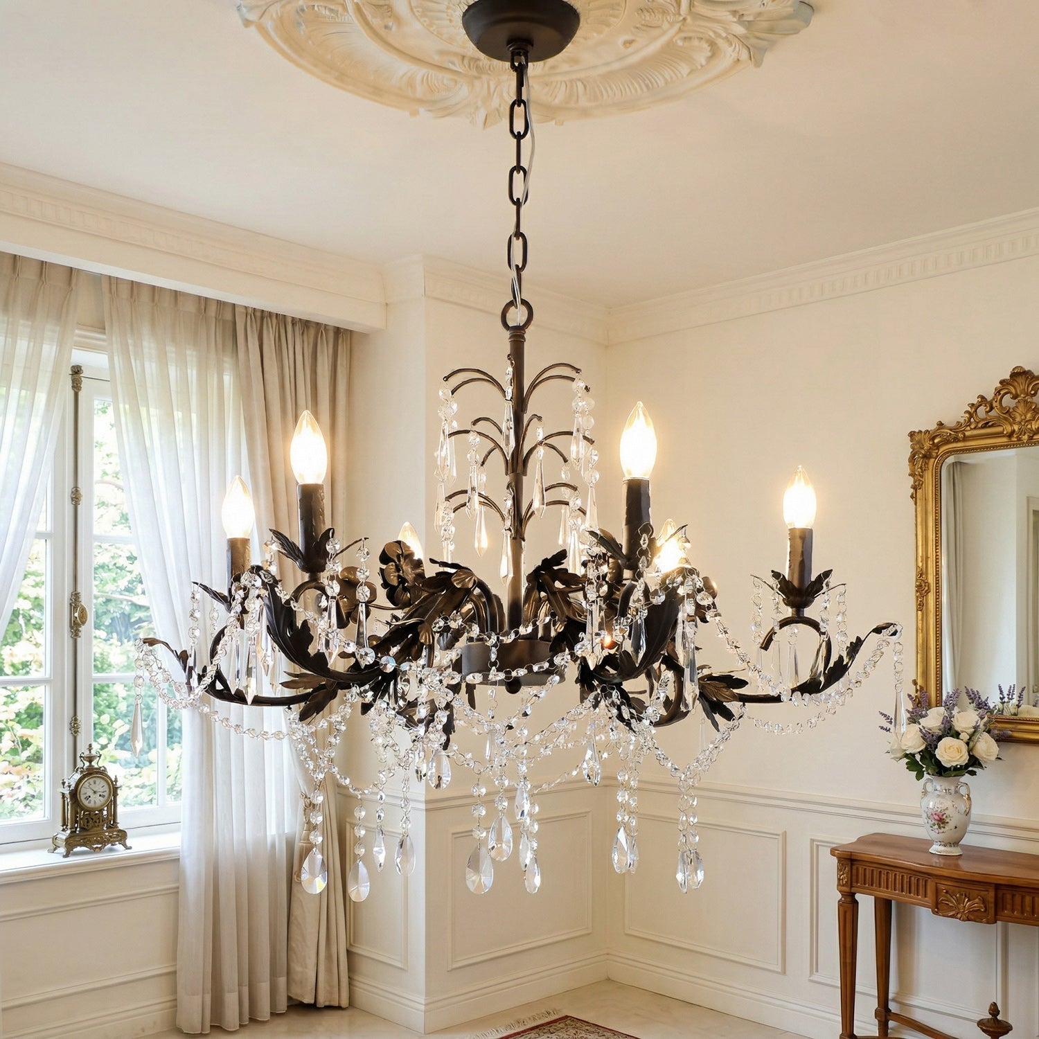 Aurelia Chandelier lit up, casting a warm and inviting glow.