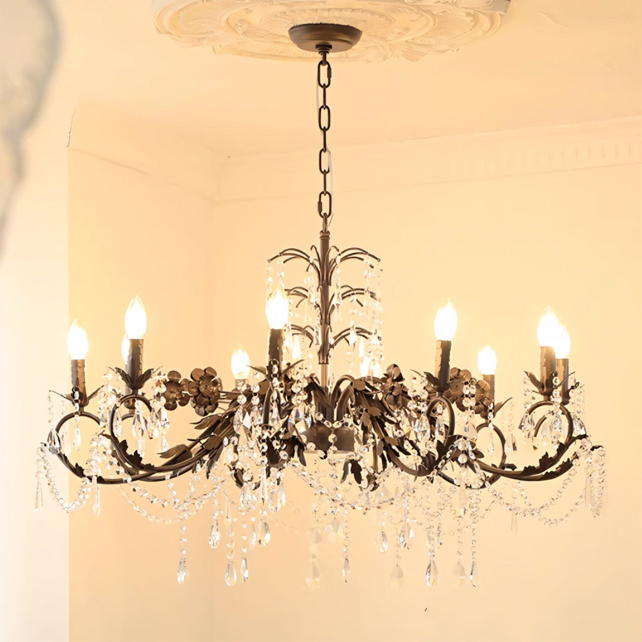 View from below the Aurelia Floral Chandelier, highlighting its intricate structure.