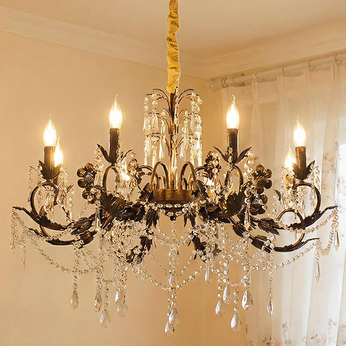 Side profile of the chandelier, showing the height and chain.