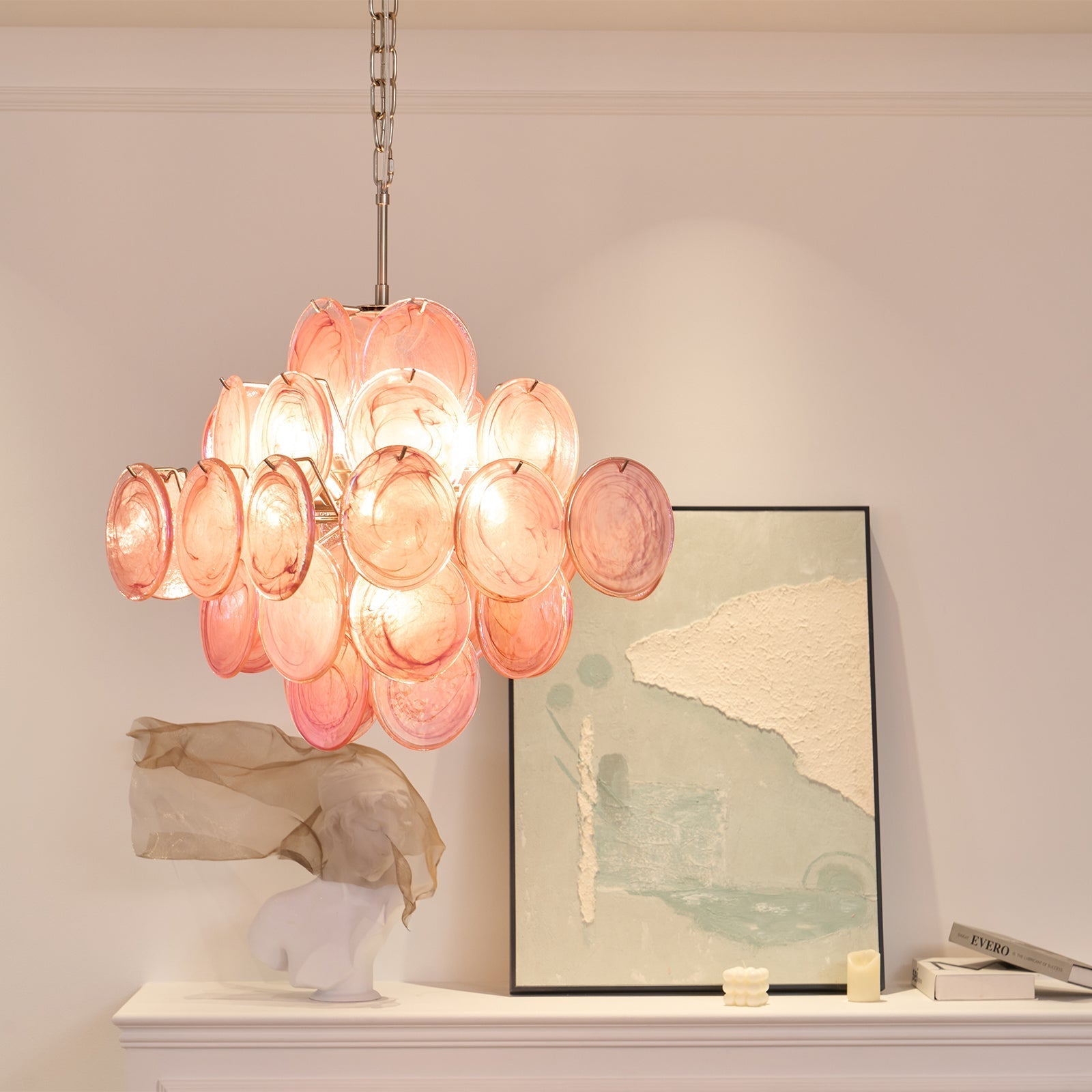 Aurora Chandelier Pink Glass Disc Layered Romantic-Neutral Decor