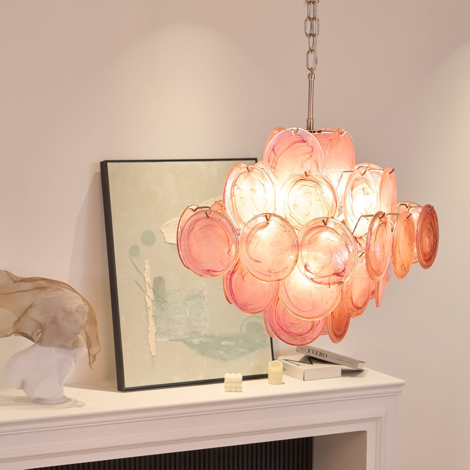 Aurora Chandelier Pink Glass Disc Layered Romantic-Neutral Decor